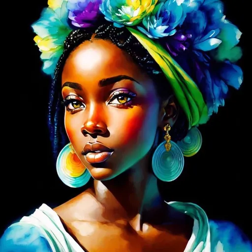 Prompt: "A portrait of a beautiful African girl, painted with vibrant colors by Drew Brophy that effortlessly captures the deep beauty of her eyes and hair in a flawless display of watercolor, 4K HD, featured in WatercolorArs Magazine."<mymodel>