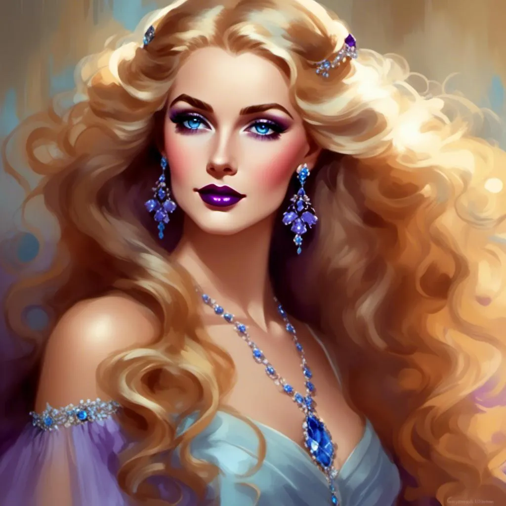 Prompt: Beautiful ethereal woman, long blonde hair,and icy blue eyes color, purple lipstick, facial closeup<mymodel>