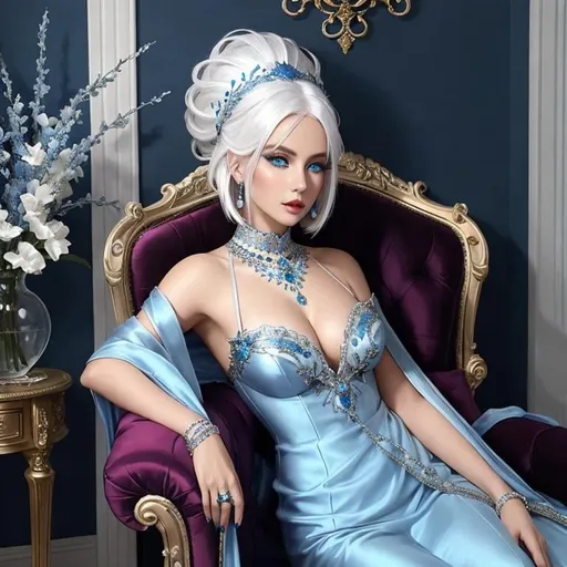 Prompt: A beautiful woman, white hair, blue eyes, blue eyeshadow, blue jewels o