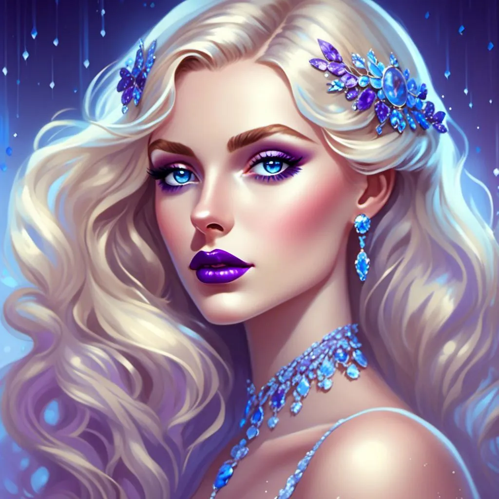 Prompt: <mymodel>Beautiful ethereal woman, long blonde hair,and icy blue eyes color, purple lipstick, facial closeup