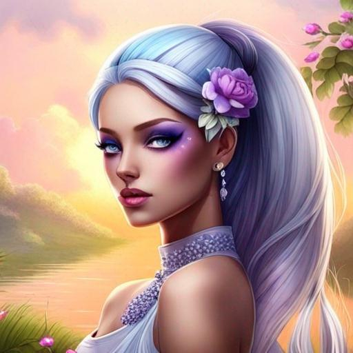 Prompt: A beautiful woman, white hair with pastel purple highlights, violet eyes, blue eyeshadow, pastel blue roses in her hair, blue jewels on forehead, cartoon style