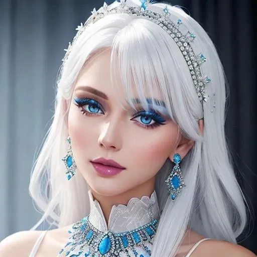 Prompt: A beautiful woman, white hair, blue eyes, blue eyeshadow, blue jewels o