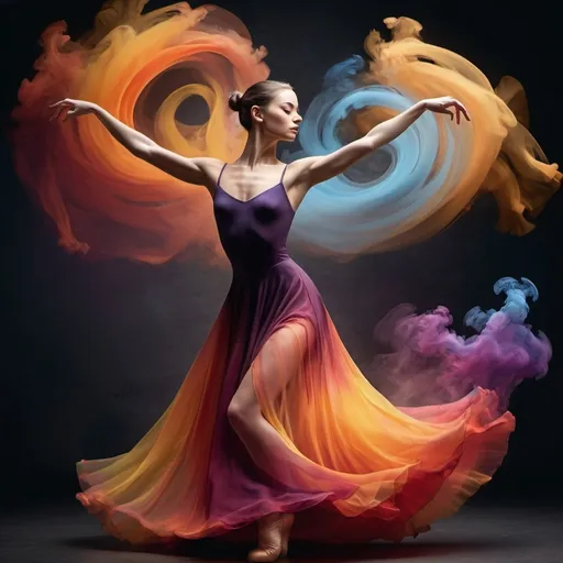 Prompt: A stunning digital artwork depicting a graceful ballerina in mid-pose, captured at the peak of her movement. She wears a magnificent, flowing dress that appears to be made of swirling, colourful smoke or liquid, creating a dynamic and ethereal effect. The dress transitions through a spectrum of vibrant colours, from deep purples and blues to fiery reds, oranges, and yellows, which seem to trail behind her as she dances. Her poised stance and the fluidity of her attire convey a sense of elegance and motion, with the dark background further emphasizing the bright, explosive colours of the dress. The image beautifully captures the essence of ballet combined with a surreal, almost magical atmosphere.