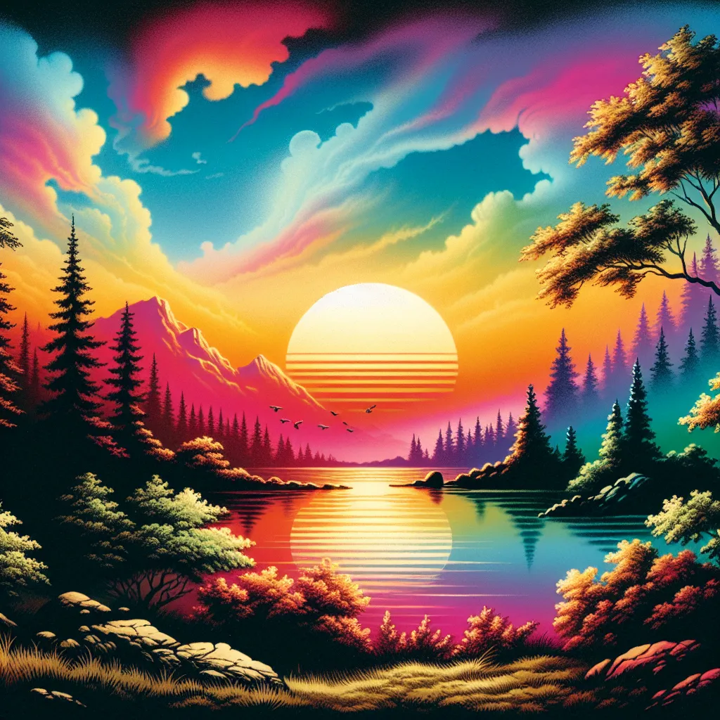 Prompt: a painting of a sunset over a lake with trees and rocks in the foreground and a sunset in the background, Dan Mumford, psychedelic art, sun, an airbrush painting