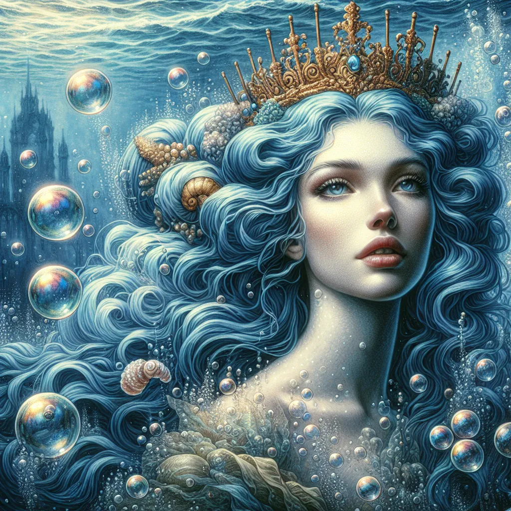 Prompt: a woman with blue hair wearing a gold crown under water with bubbles and bubbles around her head, with a pearl in her hair, Charlie Bowater, fantasy art, ocean, a photorealistic painting