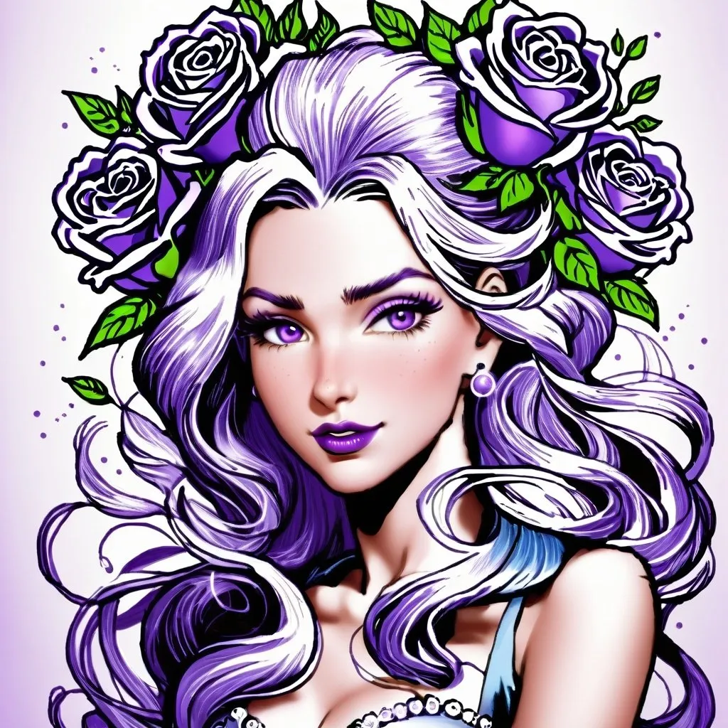 Prompt: Cosmic Epic Beauty, Beautiful and Gorgeous, purple roses in hair