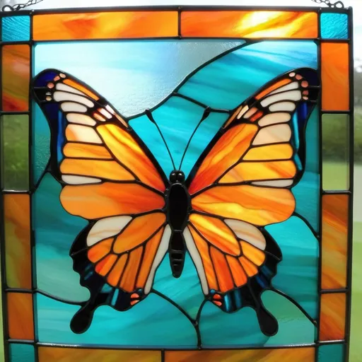 Prompt: Orange butterfly with turquoise background