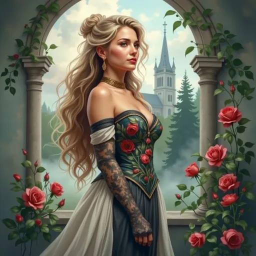 Prompt: This is a digital drawing in a realistic, romantic art style. The central figure is a fair-skinned woman with platinum blonde hair styled in an elegant updo. She is standing with her back to the viewer, looking over her right shoulder. She wears an off-the-shoulder, black, floral corset with intricate red rose and green leaf patterns, and long, black lace gloves that reach above her elbows. The corset has a delicate gold choker and back detail. Her white, flowing gown contrasts with the dark corset and gloves, cascading to the ground with soft, graceful folds.
She stands in front of a large, arched window, through which a soft, pastel sky with fluffy clouds is visible. Red roses climb up the right side of the window, adding a touch of natural beauty. In the background, there is a picturesque view of a Gothic-style church with a tall, pointed steeple, and a green pine tree to the right. The church is made of light-colored stone, and the scene outside is serene and slightly misty. The overall composition evokes a sense of romance and elegance, with a focus on the intricate details of the woman's attire and the delicate, dreamy setting.
