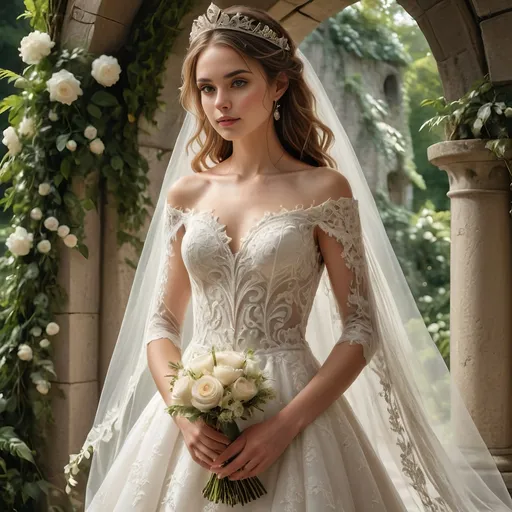 Prompt: Bathed in soft, natural light, a stunning bride stands gracefully beneath an ornate stone archway, surrounded by lush greenery that hints at a fairytale setting. Her delicate features are framed by loose waves of hair cascading from beneath a shimmering tiara, and she wears an intricate off-the-shoulder wedding gown adorned with lace detailing that highlights her elegance. In her hands, she cradles a bouquet of pristine white roses, symbolizing purity and love, while her expression conveys a mix of joy and serenity. The atmosphere exudes romance and anticipation, complemented by the ethereal background that fades into the misty landscape, creating a captivating visual narrative of a special moment.
