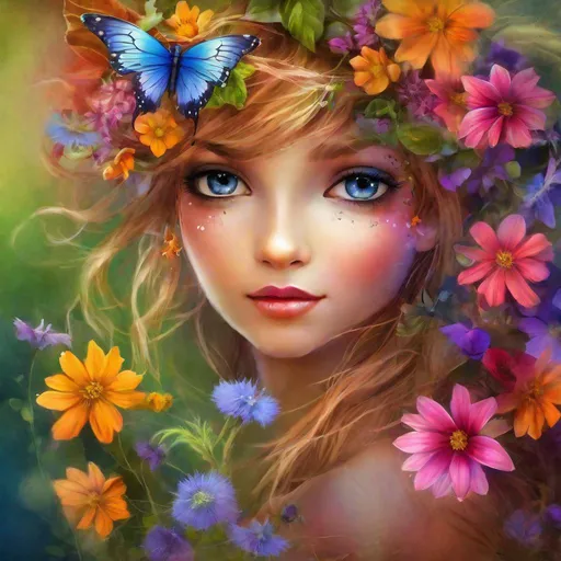 Prompt: a fairy , ,wildflowers, vivid colors,  facial closeup