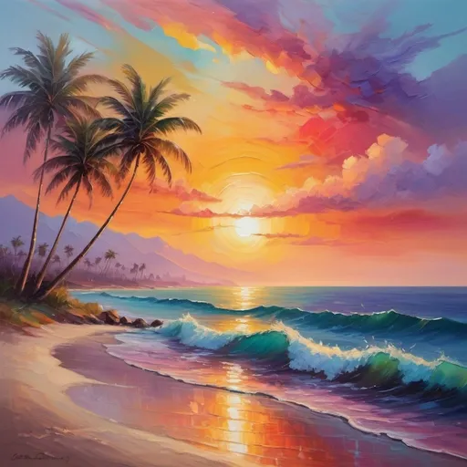 Prompt: Vibrant sunset in rainbow colors, oil painting, calm ocean waves, palm trees silhouetted against the horizon, high quality, impressionism, warm tones, soft and dreamy lighting