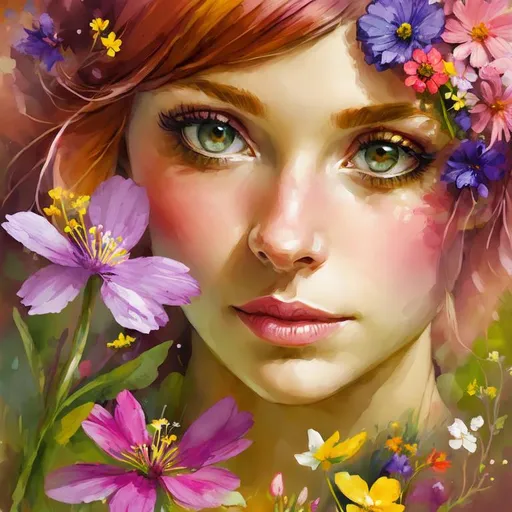 Prompt: a fairy of spring, ,wildflowers, vivid colors,  facial closeup