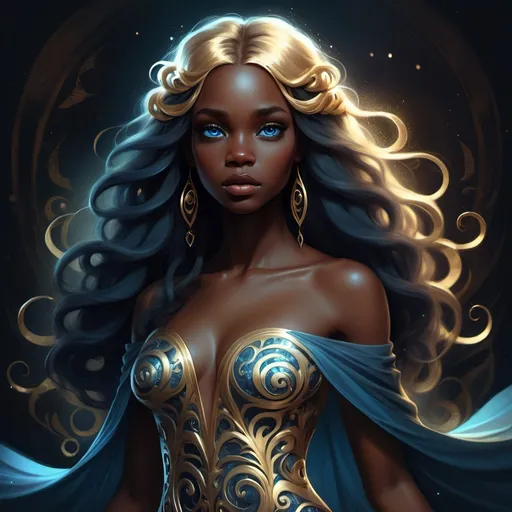 Prompt: a black woman with blue eyes with long hair and a dress with gold swirls on it, standing in front of a dark background, Anna Dittmann, fantasy art, dark fantasy art, a digital rendering