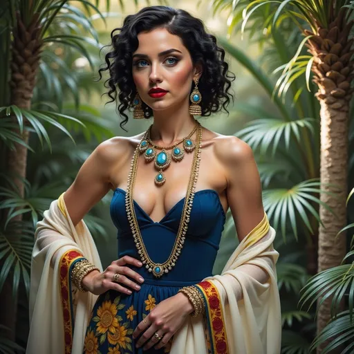 Prompt: Draped in vibrant fabrics adorned with floral patterns and golden embellishments, a striking figure stands confidently against a lush backdrop of tropical foliage. Her intricate jewelry gleams under soft, diffused light, highlighting her regal presence and the rich colors of her outfit, a fusion of blues and yellows that accentuate her stature. The scene is infused with a warm, dreamy quality, as hints of sunlight filter through the greenery, creating a serene yet vibrant atmosphere. With an intense gaze and poised posture, she embodies elegance and strength, conveying a narrative of cultural richness and natural beauty amid an enchanting, verdant setting.