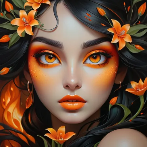 Prompt: Beautiful  hybrid woman with orange flowers sprouting from her, oil painting, detailed fiery eyes, ethereal glow, dark and mysterious, high quality, vibrant colors, surreal, haunting, intricate floral details, intense gaze, mystical atmosphere, oil painting, hybrid, fiery eyes, ethereal, vibrant colors, surreal, 