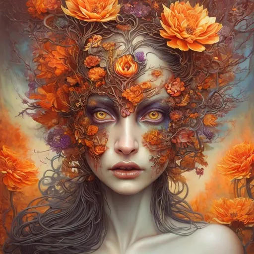 Prompt: Beautiful  hybrid woman with orange flowers sprouting from her, oil painting, detailed fiery eyes, ethereal glow, dark and mysterious, high quality, vibrant colors, surreal, haunting, intricate floral details, intense gaze, mystical atmosphere, oil painting, demon, hybrid, fiery eyes, ethereal, vibrant colors, surreal, haunting, floral details, intense gaze, mystical atmosphere