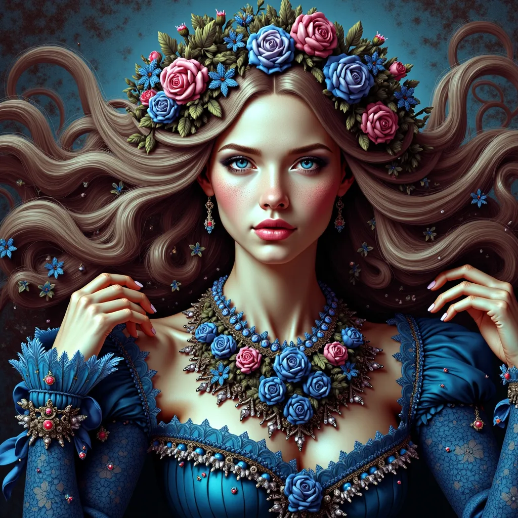 Prompt: a woman with long hair and flowers in her hair, wearing a blue dress and a necklace with roses on it, Anna Dittmann, gothic art, highly detailed digital painting, a detailed painting