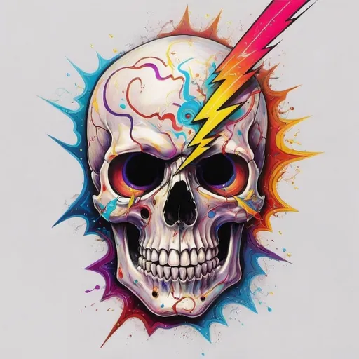 Prompt: create an image of a skill with a swirling lighting bolt around the right eye socket which is empty (except for the lightning bolt. The other eye is normal. The rest of the skull is colorful, but the image depicts pain and suffering