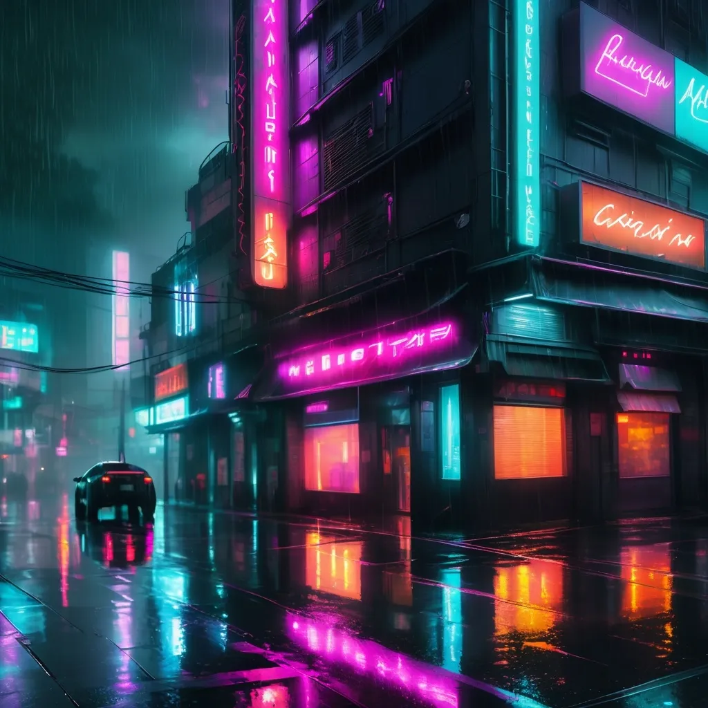 Prompt: Rainy cityscape with neon lights, cyberpunk, futuristic buildings, reflections on wet pavement, detailed drops of rain, moody atmosphere, high quality, cyberpunk, futuristic, rainy, neon lights, detailed raindrops, urban, atmospheric lighting