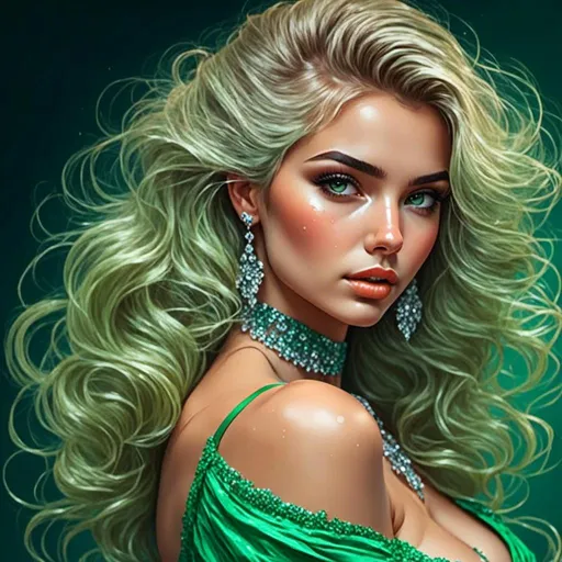 Prompt: <mymodel>Detailed illustration of a woman in vibrant green attire, large vivid green eyes, elegant makeup, digital painting, high resolution, realistic style, vibrant green, professional lighting