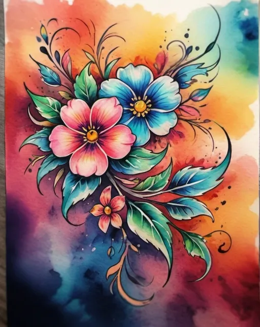 Prompt: <mymodel> Colorful flower tattoo, watercolor style, vibrant petals, intricate details, high quality, vibrant colors, floral design, professional tattoo art, artistic, beautiful, realistic, watercolor, detailed, highres, vibrant, intricate details, floral, professional, colorful, vibrant colors, watercolor style, artistic