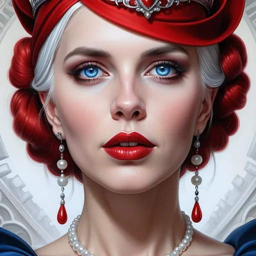 Prompt: a woman with  white hair, blue eyes, red lips, a tiara and pearls on her head and a red lip and a blue dress with a red and white collar, Anne Stokes, gothic art, highly detailed digital painting, a detailed painting