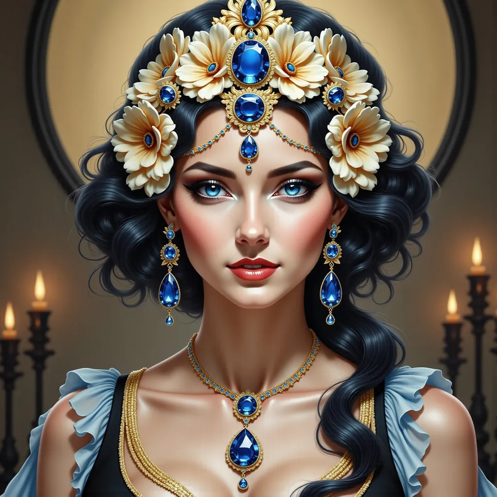 Prompt: An princess with black hair wearing an ornate headpiece with jewels, necklace and earrings with a candle lit background and a circular doorway, Bastien L. Deharme, fantasy art, dark fantasy art, a painting