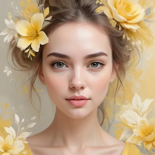 Prompt: <mymodel>Delicate floral abstract design featuring a pretty girl in yellow, high quality, detailed, abstract art, floral patterns, delicate design, pastel tones, soft lighting, professional, blissful atmosphere, elegant artwork, detailed features, spring theme, bright colors, artistic, warm lighting