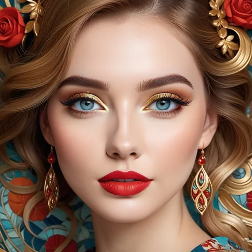Prompt: A stunning visage emerges from a vibrant tapestry of intricate colors and patterns, where a young woman’s face captivates with striking azure eyes, soft rose-tinted cheeks, and bold red lips. Her cascading, golden hair frames her face in elegant waves, complementing delicate leaf-like designs that intertwine around her, evoking a sense of harmony with nature. The background bursts with swirling greens, blues, and warm accents, creating a dynamic yet soothing atmosphere. The overall composition blends art nouveau influences with modern aesthetics, resulting in a harmonious balance of beauty and artistry that conveys a mood of serenity and elegance.