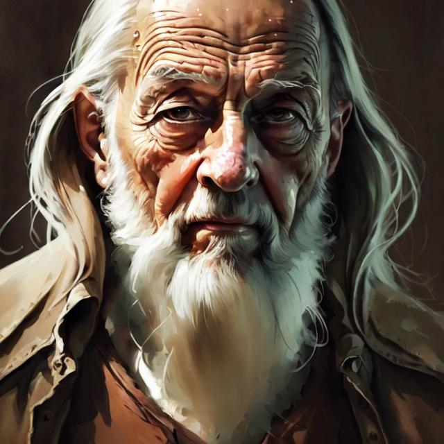 Prompt: {{{{highest quality concept art masterpiece}}}} digital drawing oil painting with {{visible textured brush strokes}},,  
Methuselah 969 years old, photorealistic face, digital painting, artstation, illustration, concept art, smooth, sharp focus, {{hyperrealistic intricate perfect brown long hair}} and {{hyperrealistic perfect clear bright blue eyes}}, epic fantasy, perfect composition approaching perfection, hyperrealistic intricate mirrored room in background, cinematic volumetric dramatic dramatic studio 3d glamour lighting, backlit backlight, 128k UHD HDR HD, professional long shot photography, unreal engine octane render trending on artstation, sharp focus, occlusion, centered, symmetry, ultimate, shadows, highlights, {{{{highest quality concept art masterpiece}}}} digital drawing oil painting with {{visible textured brush strokes}}, Ancient Methuselah, the oldest man who ever lived at 969 years old, photorealistic ancient face, digital painting, artstation, illustration, concept art, smooth, sharp focus, {{hyperrealistic intricate perfect white long hair}} and {{hyperrealistic perfect clear bright blue eyes}}, perfect composition, hyperrealistic intricate mirrored room in background, cinematic volumetric dramatic dramatic studio 3d lighting, backlit backlight, 128k UHD HDR HD, professional long shot photography, unreal engine octane render trending on artstation, sharp focus, occlusion, centered, symmetry, ultimate, shadows, highlights, contrast
