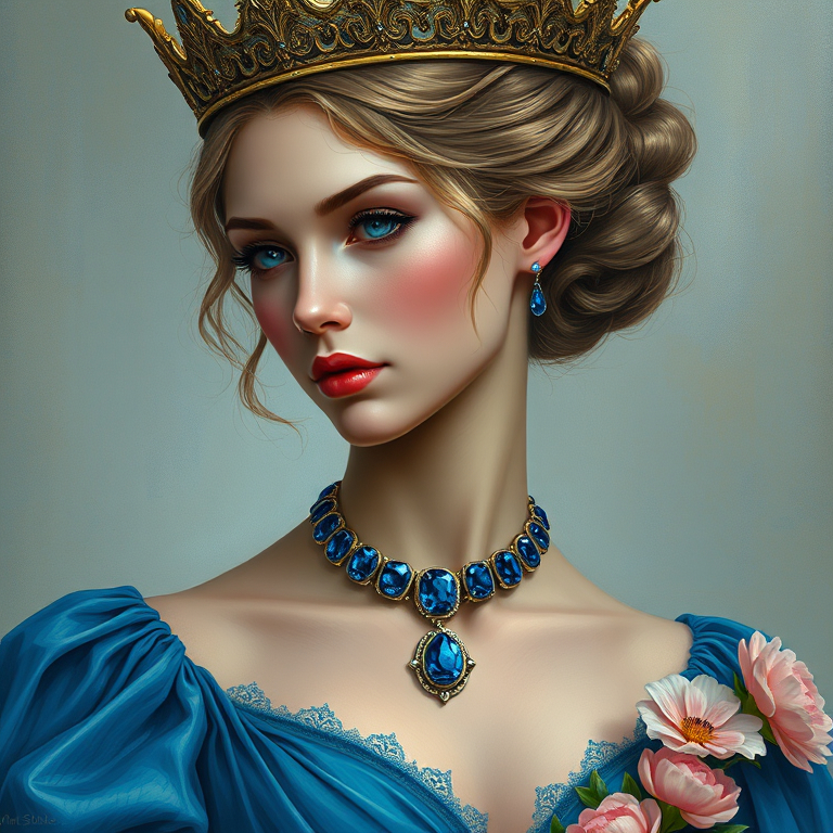 Prompt: a woman with a crown on her head and a necklace on her neck of sapphires, in a blue dress with flowers, Anne Stokes, fantasy art, highly detailed digital painting, a detailed painting