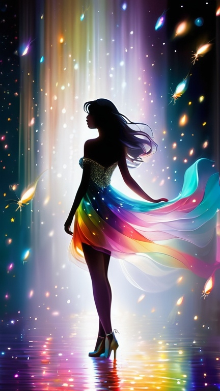 Prompt: A luminous, etherel mesmerizing woman walks among sparkling fireflies, her skin shimmering with a rainbow of colors. She possesses an otherworldly beauty.  This enchanting scene is depicted in a digitally painted illustration, each brushstroke capturing the magical essence of the scene. The vivid colors and exquisite details make this image a truly mesmerizing piece of art.