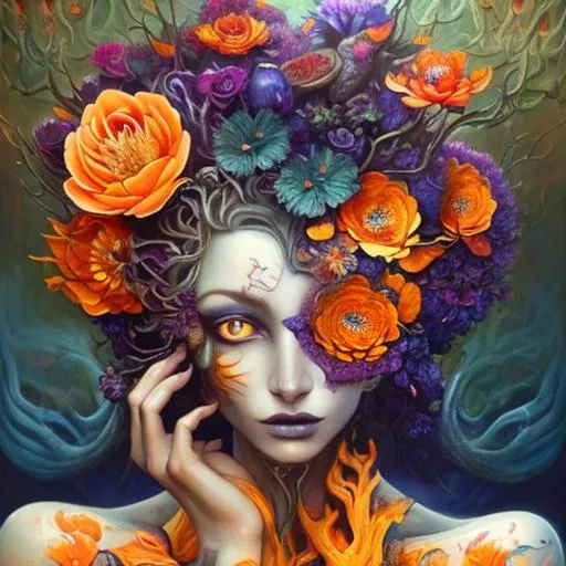 Prompt: Beautiful  hybrid woman with orange flowers sprouting from her, oil painting, detailed fiery eyes, ethereal glow, dark and mysterious, high quality, vibrant colors, surreal, haunting, intricate floral details, intense gaze, mystical atmosphere, oil painting, demon, hybrid, fiery eyes, ethereal, vibrant colors, surreal, haunting, floral details, intense gaze, mystical atmosphere