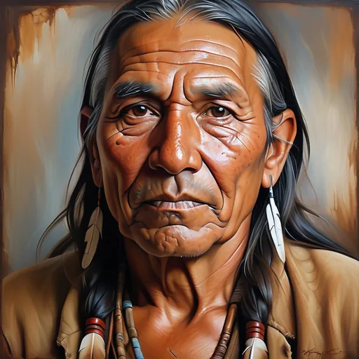 Prompt: Realistic oil painting of an native American man, weathered and wise, intricate patterns and textures, expressive eyes with a hint of sadness, wrinkled and kind smile, warm and earthy color palette, soft natural lighting, high quality, realistic, traditional, emotional portrait, detailed facial features, textured clothing, warm tones, atmospheric lighting background to be nature and low cuality picture
