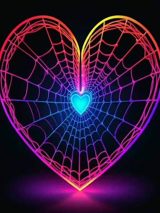 Prompt: Web heart in bright colors, digital illustration, vibrant and eye-catching, neon glow, high quality, digital art, modern, colorful, glowing, heart-shaped web, intense colors, professional lighting