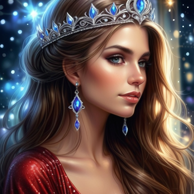 Prompt: a beautiful woman with long hair wearing a tiara and earrings, with sparkling lights in the background, Anne Stokes, fantasy art, highly detailed digital painting, a digital painting