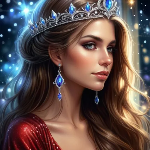 Prompt: a beautiful woman with long hair wearing a tiara and earrings, with sparkling lights in the background, Anne Stokes, fantasy art, highly detailed digital painting, a digital painting