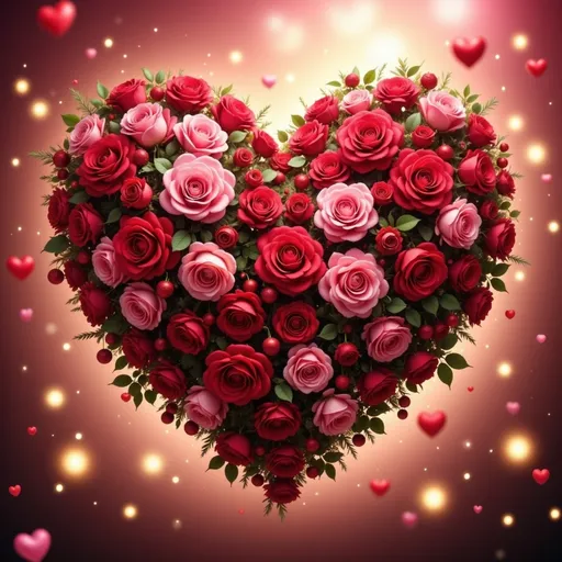 Prompt: Heart made of vibrant roses, intricately arranged in shades of deep red, soft pink, and lush green foliage. The background features a soft-focus bokeh effect, creating a romantic and dreamy ambiance. Warm, gentle lighting enhances the colors, giving the image a radiant glow. Highly detailed and ultra-realistic, this composition symbolizes love and affection, perfect for a heartfelt occasion.