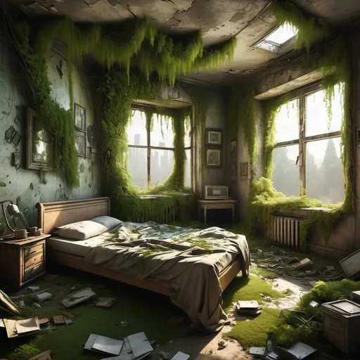 Prompt: Post-apocalyptic bedroom interior, nature reclaiming space with lush greenery entwined around crumbling walls, soft sunlight filtering through broken windows, remnants of furniture overtaken by moss and vines, dust particles floating through the warm air, a melancholic yet serene ambiance, high detail and atmospheric depth, HD, ultra-detailed, a blend of decay and beauty blending harmoniously.