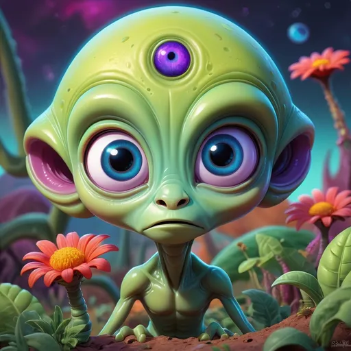 Prompt: Whimsical, cute alien, cartoon style, vibrant colors, large expressive eyes, playful demeanor, alien landscape, otherworldly plants, best quality, high resolution, vibrant, cartoon, cute, whimsical, otherworldly, playful, expressive eyes, alien landscape, vibrant colors, professional