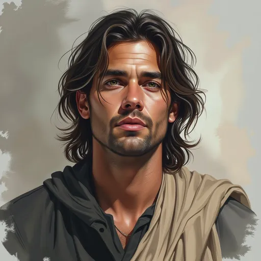Prompt: This is a highly detailed digital painting of a young man with a strikingly realistic style. The subject has a strong, chiseled face with light skin and a slightly rugged texture, indicative of a well-defined jawline and subtle stubble. His piercing green eyes are intense and focused, giving him a serious and determined expression. His long, dark brown hair is wavy and falls just past his shoulders, with a few strands gently framing his face. He is dressed in a dark, loose-fitting tunic with a beige, worn-looking cloth draped over his shoulders, adding a sense of ruggedness and simplicity to his appearance. The background is a simple, muted gradient of gray and beige, which helps to keep the focus on the subject. The lighting is soft, highlighting the contours of his face and the texture of his hair and clothing. The overall composition is centered, with the subject's head and shoulders taking up most of the frame, creating an intimate and focused portrait. The digital medium allows for intricate details and a realistic texture, making the image feel almost three-dimensional.
