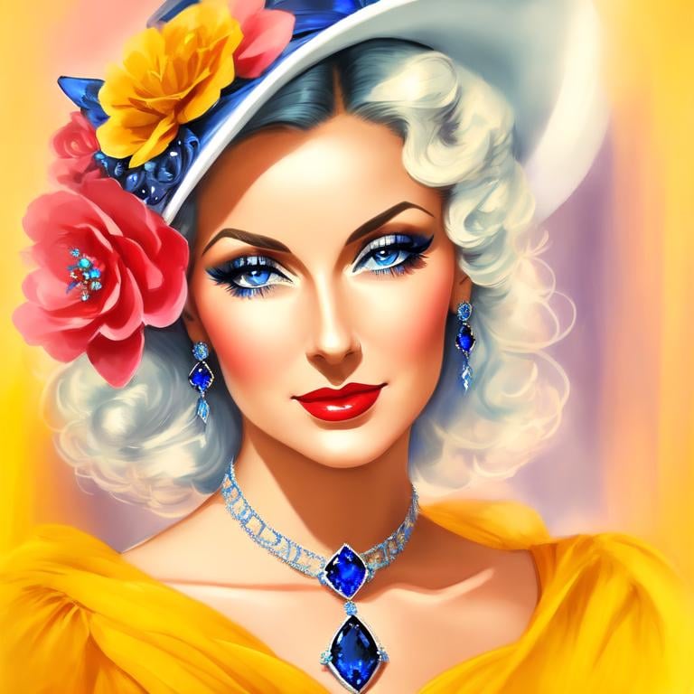 Prompt: Glamorously dressed lady of rhe 1930's wearing sapphire jewelry,blue eyes