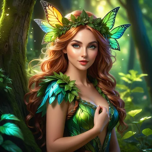 Prompt: Hyper-realisctic, (Full body character portrait), Female Fairy Druid, enchanting forest background, dramatic lighting casting playful shadows, intricate leafy attire, (beautiful, elegant pose), captivating expression with a hint of mischief, vibrant colors enhancing attractiveness, ultra-detailed eyes, ultra-detailed, whimsical atmosphere, 4K quality, fantasy art style.