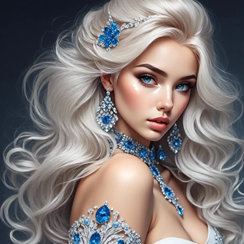 Prompt: <mymodel>A beautiful woman, white hair, blue eyes, blue eyeshadow, blue jewels o