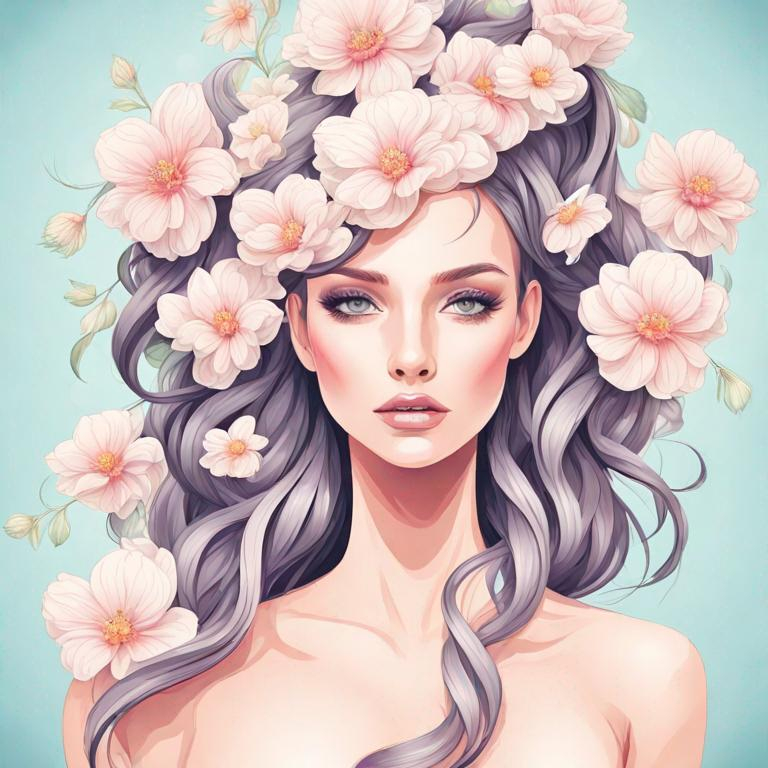 Prompt: Beautiful creation, woman with flowers in her hair, pastel colors