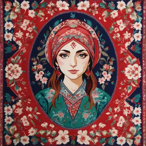 Prompt: A colorful design in the dimensions of 140x140 centimeters, its main theme is white and red, there are pomegranates and cherry blossoms in it, and some green leaves and branches and traditional Iranian designs are used, and there are small birds in it.