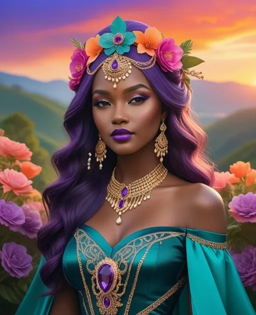 Prompt: A stunning figure stands against a vibrant backdrop of rolling hills and a colorful sunset, where hues of pink, orange, and blue blend seamlessly into the sky. The character, adorned in an intricately designed teal outfit, boasts long, flowing purple hair, adorned with delicate flowers and sparkling accessories, including an ornate mask that accentuates her striking features. Her expression is both captivating and mysterious, reflected in her piercing gaze and deep purple lips, while her jewelry glistens with jewels that match her attire. The surrounding landscape, filled with lush greenery and purple flowers, enhances the enchanting atmosphere, creating a scene that radiates elegance and fantasy. The warm light of the setting sun amplifies the richness of the colors, evoking a sense of magic and allure in this ethereal portrait.