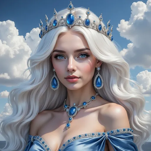 Prompt: Framed against a backdrop of soft, fluffy clouds, a striking figure emerges, exuding an ethereal allure. A young woman with cascading, silvery hair frames her delicate features, while vibrant blue eyes glisten with an enchanting intensity. She dons an elegant gown adorned with intricate silver detailing and rich blue gemstones, accentuated by matching earrings and a regal crown studded with jewels, reflecting the light as if capturing the essence of the sky itself. The scene radiates a fantasy-like quality, enhanced by the luminous color palette of blues and whites that evoke a sense of serenity and majesty, encapsulating the spirit of a fairy tale queen poised in her celestial realm.