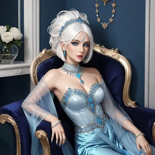 Prompt: A beautiful woman, white hair, blue eyes, blue eyeshadow, blue jewels o