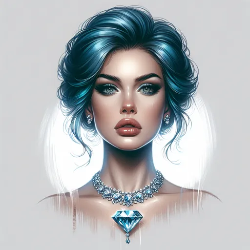 Prompt:  a woman with blue hair and  and a diamond necklace, Drew Struzan, neoclassicism, promotional image, an airbrush painting